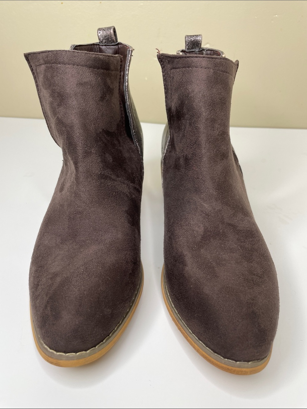 BOUTIQUE by Corkys Brown Faux Suede SHEILD Rustic Glam Block Heel Bootie 8 - Picture 4 of 13